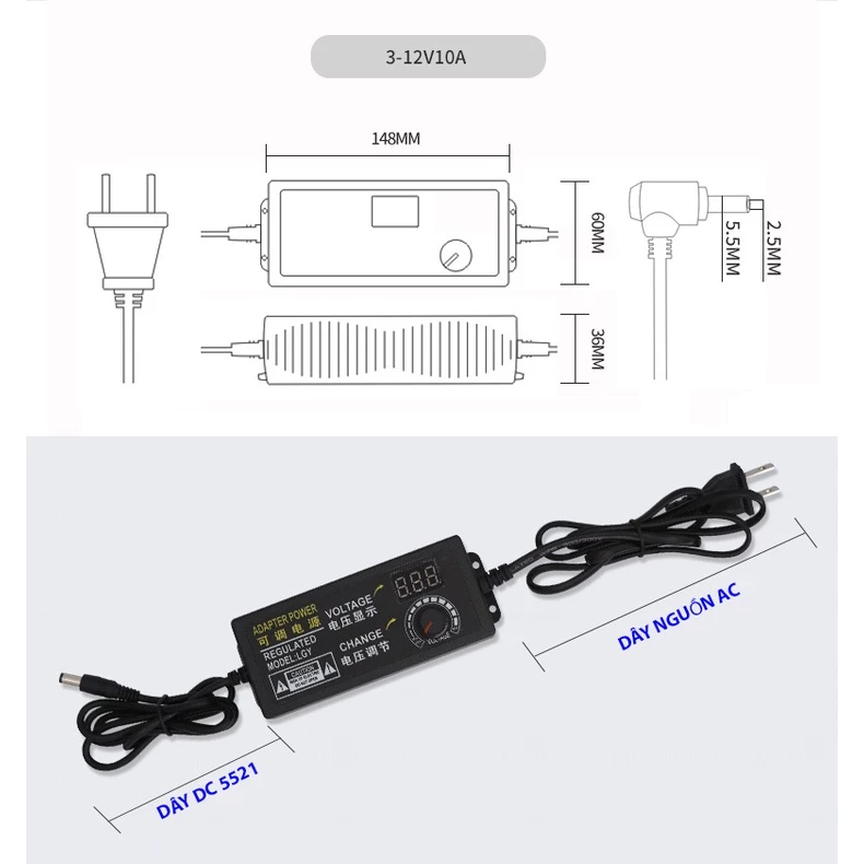 NGUỒN ADAPTER TÙY CHỈNH ĐIỆN ÁP 3V - 12V - 24V 3A 5A 10A VỚI NGÕ RA DC 5521 - Hình ảnh 2